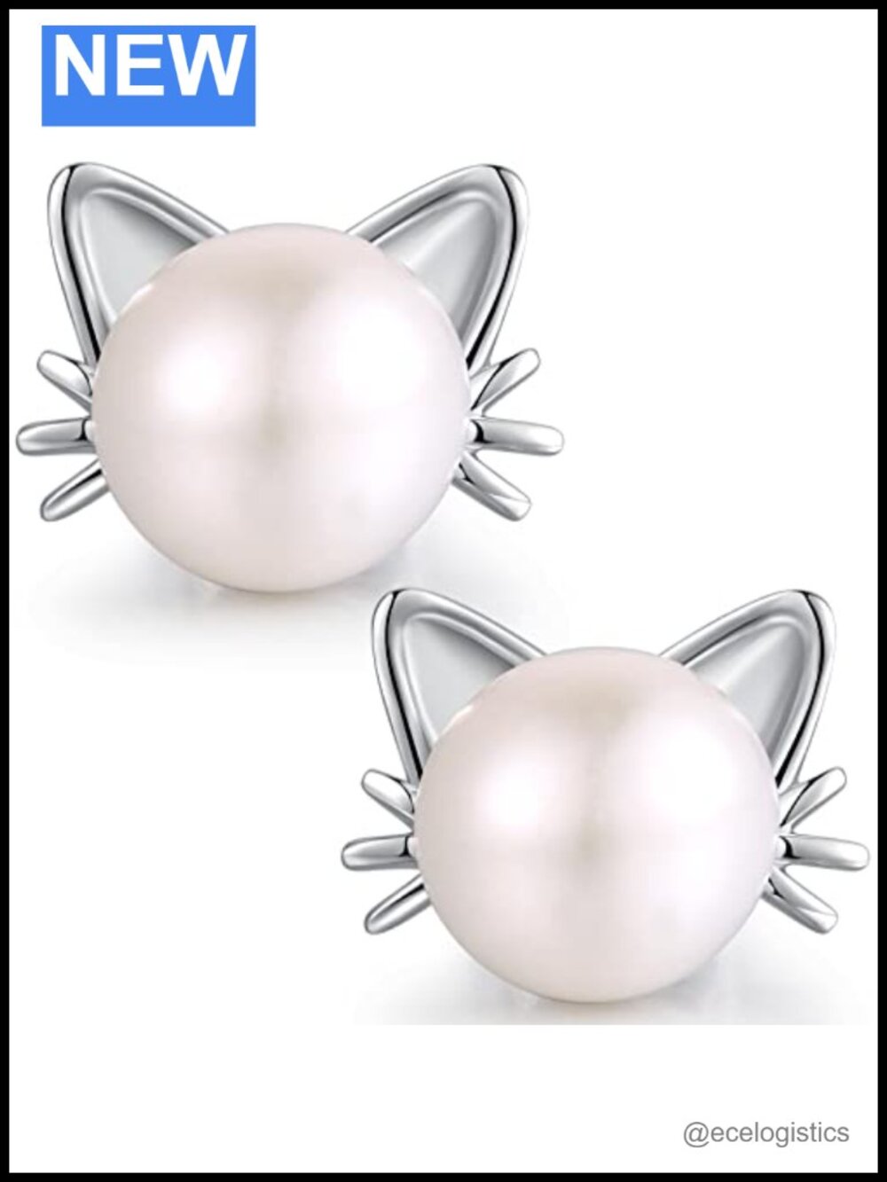 Cat Pearl Stud Earrings 925 Sterling Silver Freshwater Pearl 7.5MM